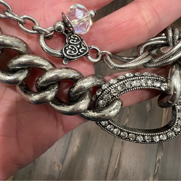 Silver chunky chain necklace rhinestone link sparkly beads links silver tone - Picture 7 of 12